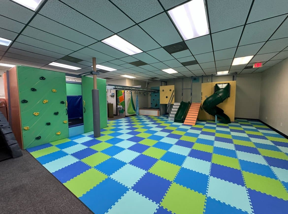 Custom home sensory gym with climbing wall, slide, and monkey bars